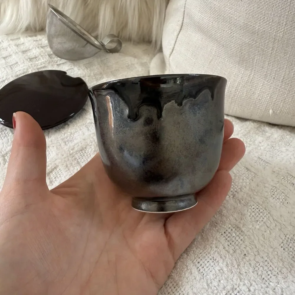 Teavana Japanese Tea Cup Set of 2 Bronze Oil Slick Metallic Ibushi Smoky Japan